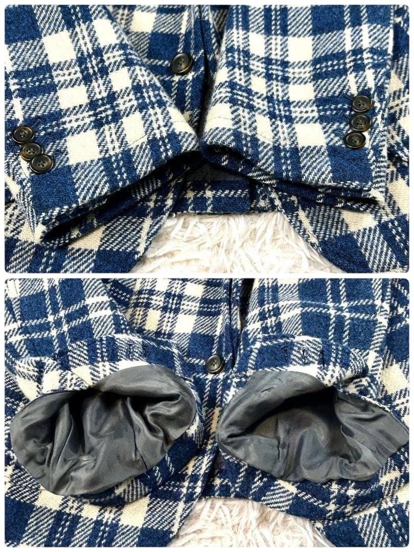 ハリスツイード テーラードジャケット チェック M ネイビー 白 本切羽 ウール