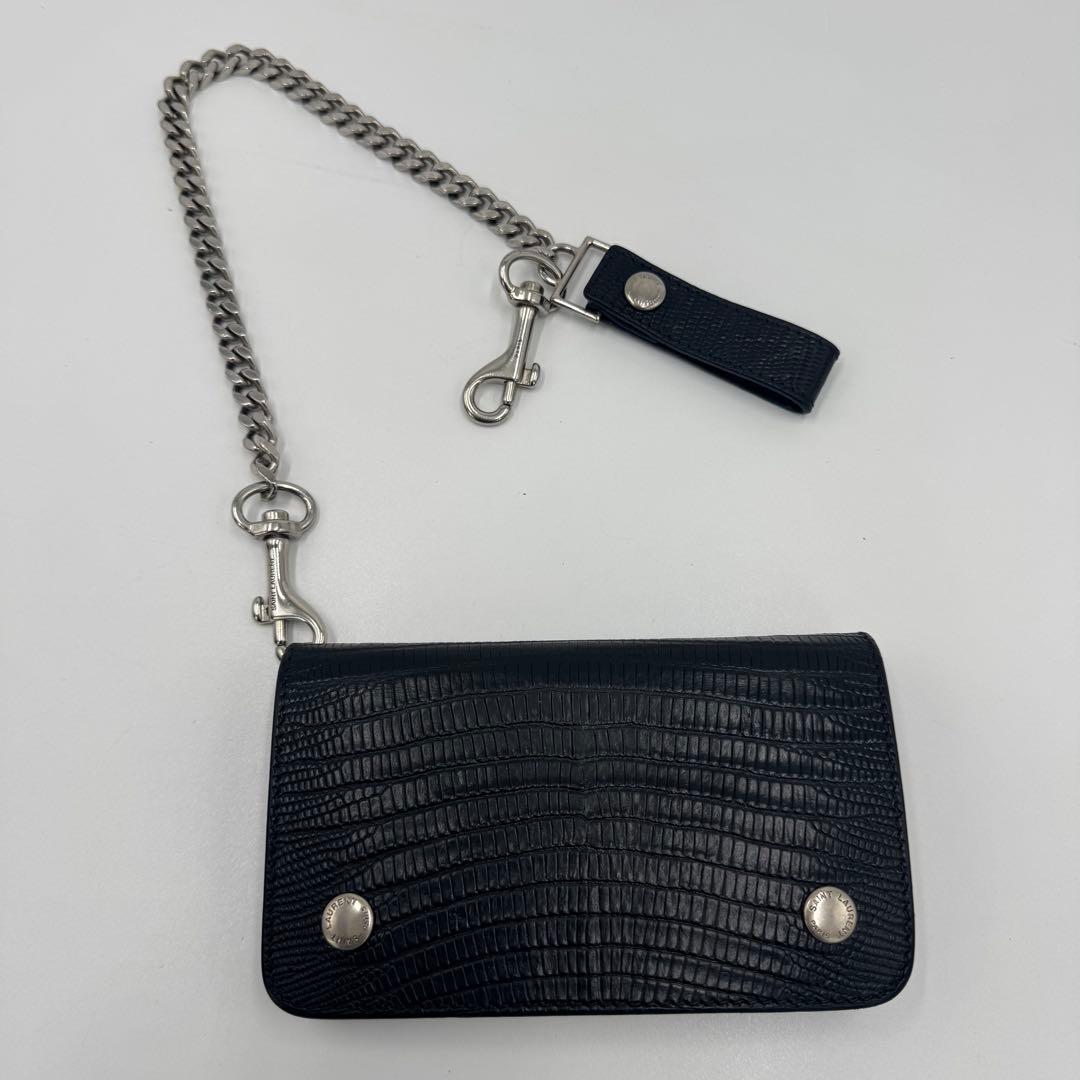 サンローラン トラッカー ウォレット チェーン レザー クロコ型押し 財布 黒