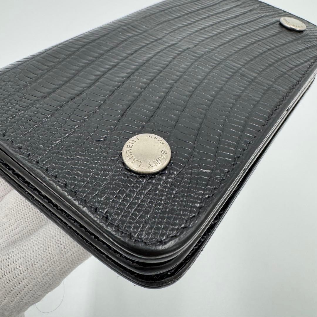サンローラン トラッカー ウォレット チェーン レザー クロコ型押し 財布 黒