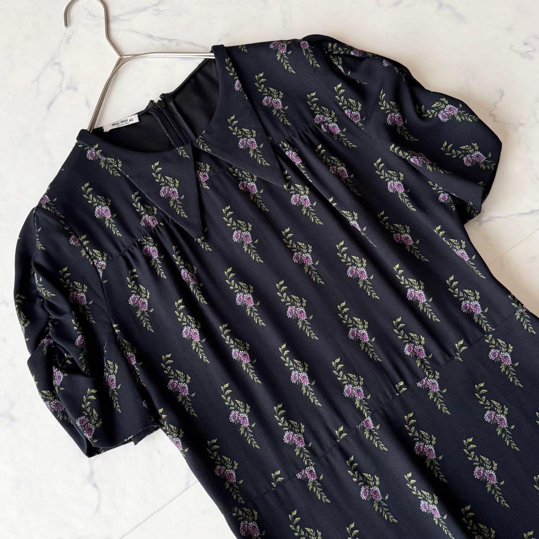 ミュウミュウ 小花柄 ワンピース フレア パフスリーブ ギャザー 襟付き 42