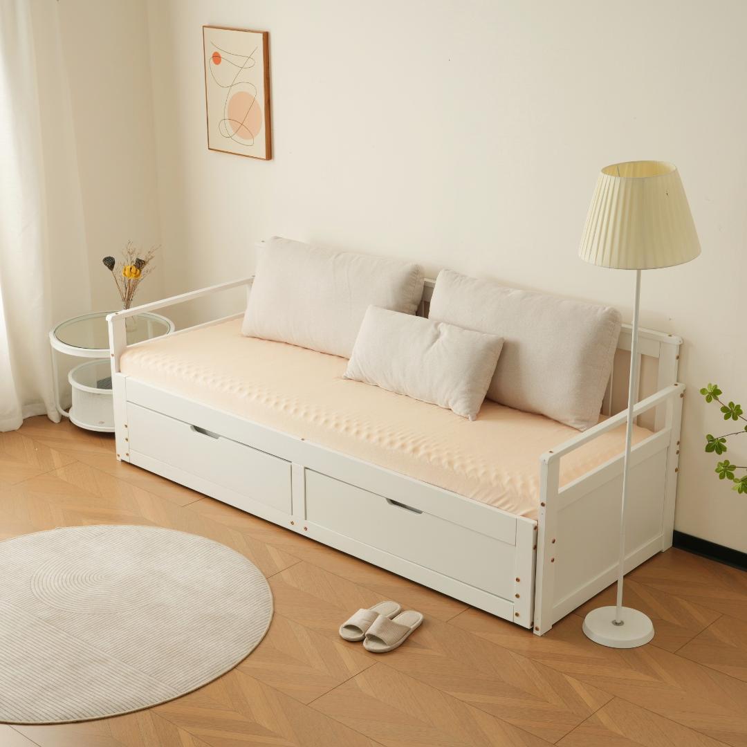 超人気！伸長式ソファベッド引き出し付き 収納付き 天然木 WHITE