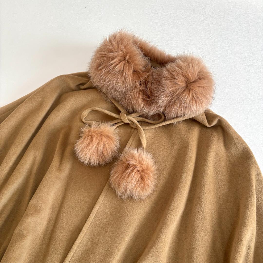 【アンゴラ100】SOLEIL ポンチョ ケープ フォックスファー M ベージュ