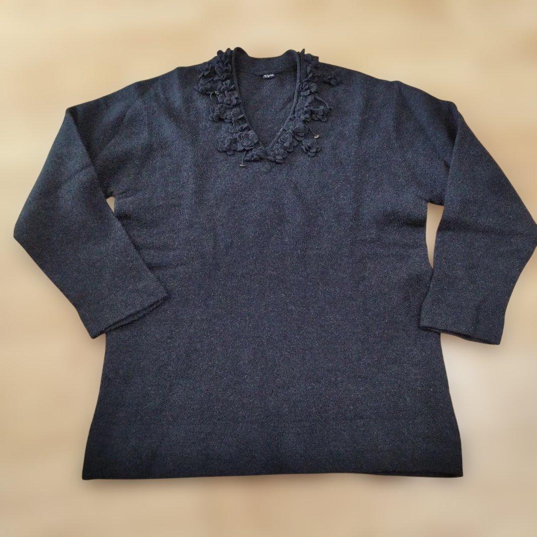 【115】45R　フロート縮絨　フリル ウール　ニット セーター お花　長袖