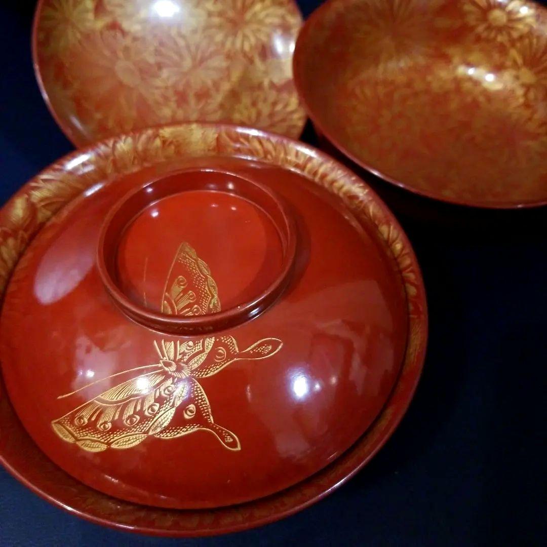 たまきち様確認用　輪島塗　朱漆塗 内総沈金 菊花紋詰 吸物椀 金蒔絵羽反2客