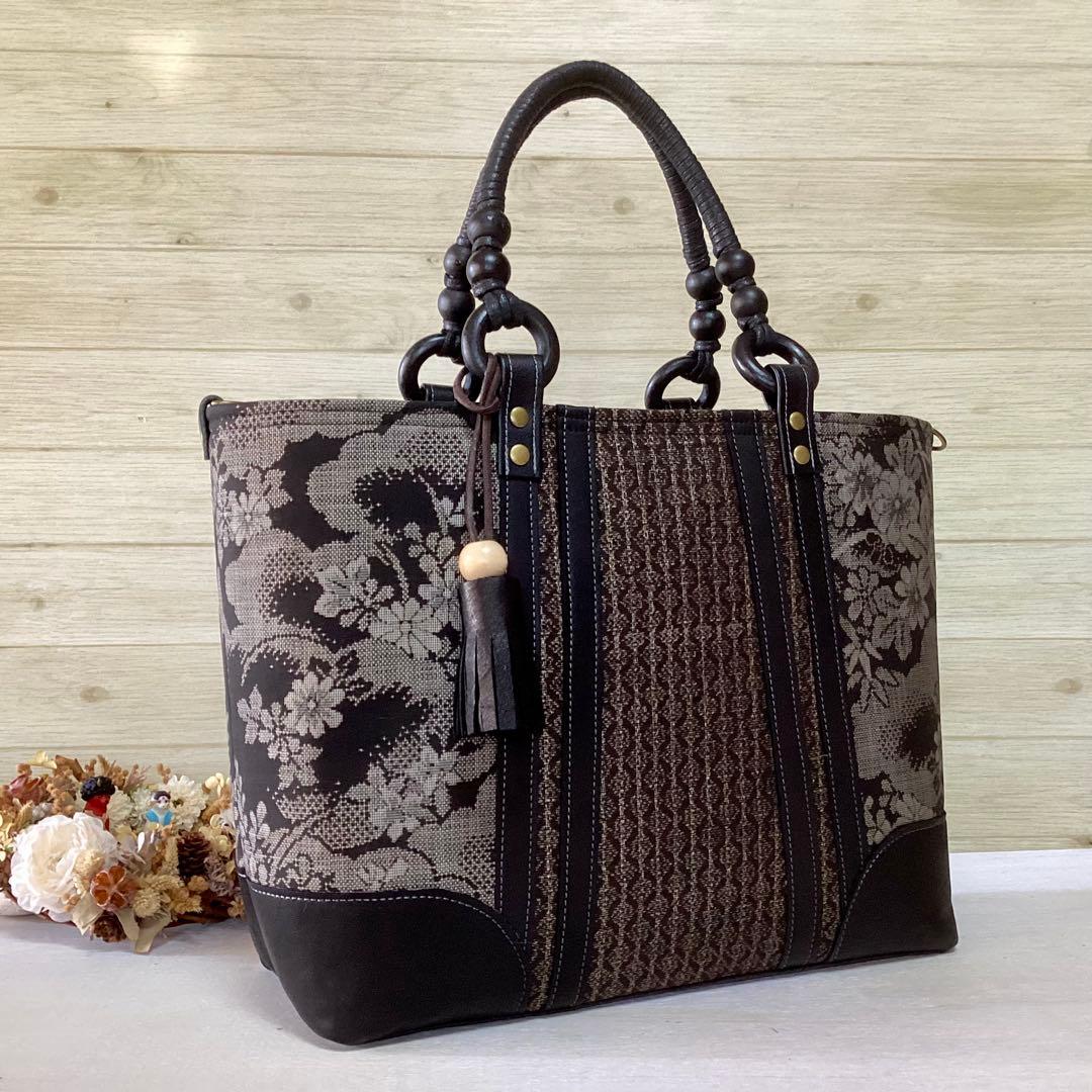 花柄 大島紬×本革 着物リメイク トートバッグ 和装バッグ ハンドメイド A4