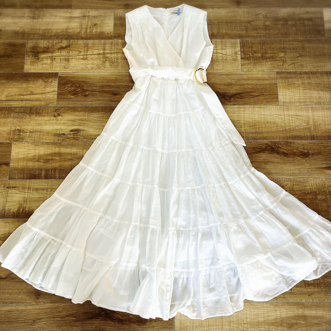 【美品】efla コットン ティアード ボリューム ワンピース ホワイト S