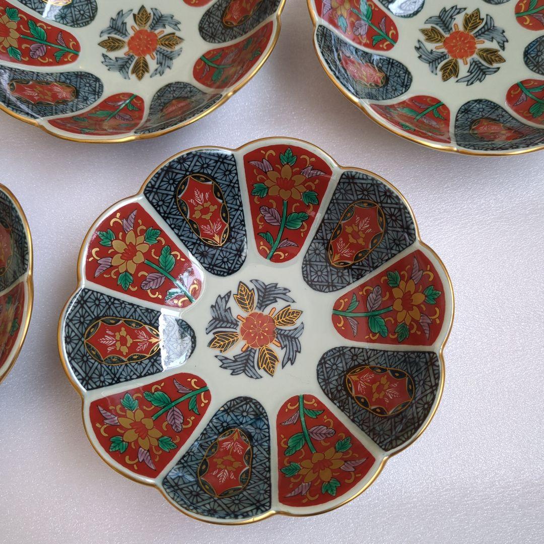 波佐見焼　林九郎窯　十方割花地紋　小鉢揃　5枚　菊割鉢　輪花鉢　金彩　古伊万里