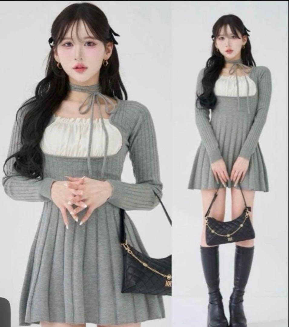 【ダーリッチ】ネックリボンデザインフレアニットミニワンピースグレー　FL