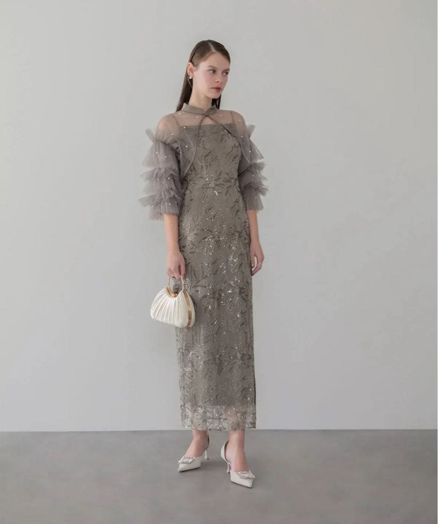 【完売品】 LejaパールフリルチュールボレロレイヤードIラインワンピースドレス