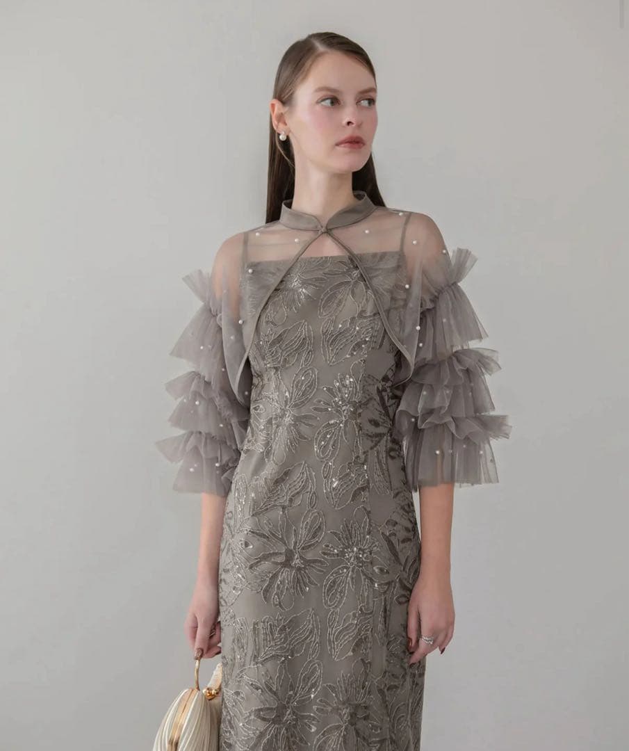 【完売品】 LejaパールフリルチュールボレロレイヤードIラインワンピースドレス