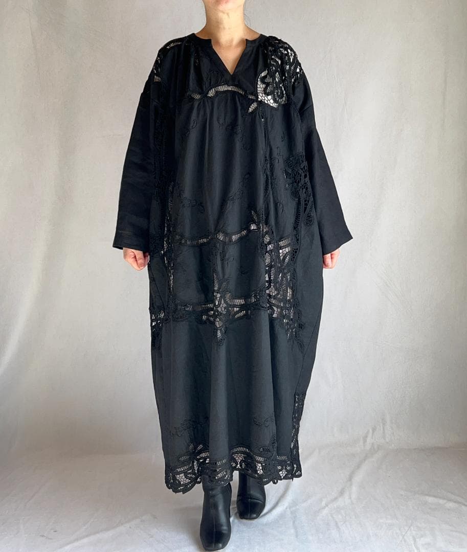 ヴィンテージテーブルクロス 黒 リメイクワンピース バテンレース 1点もの