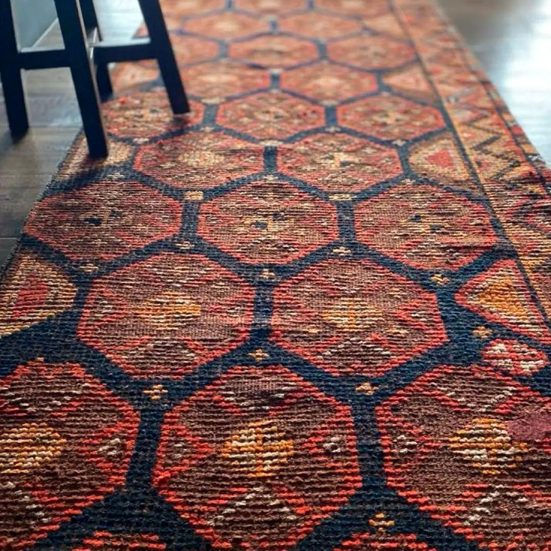 オレンジブラック　超ロングランナーラグ　ヴィンテージラグ　トルコラグ