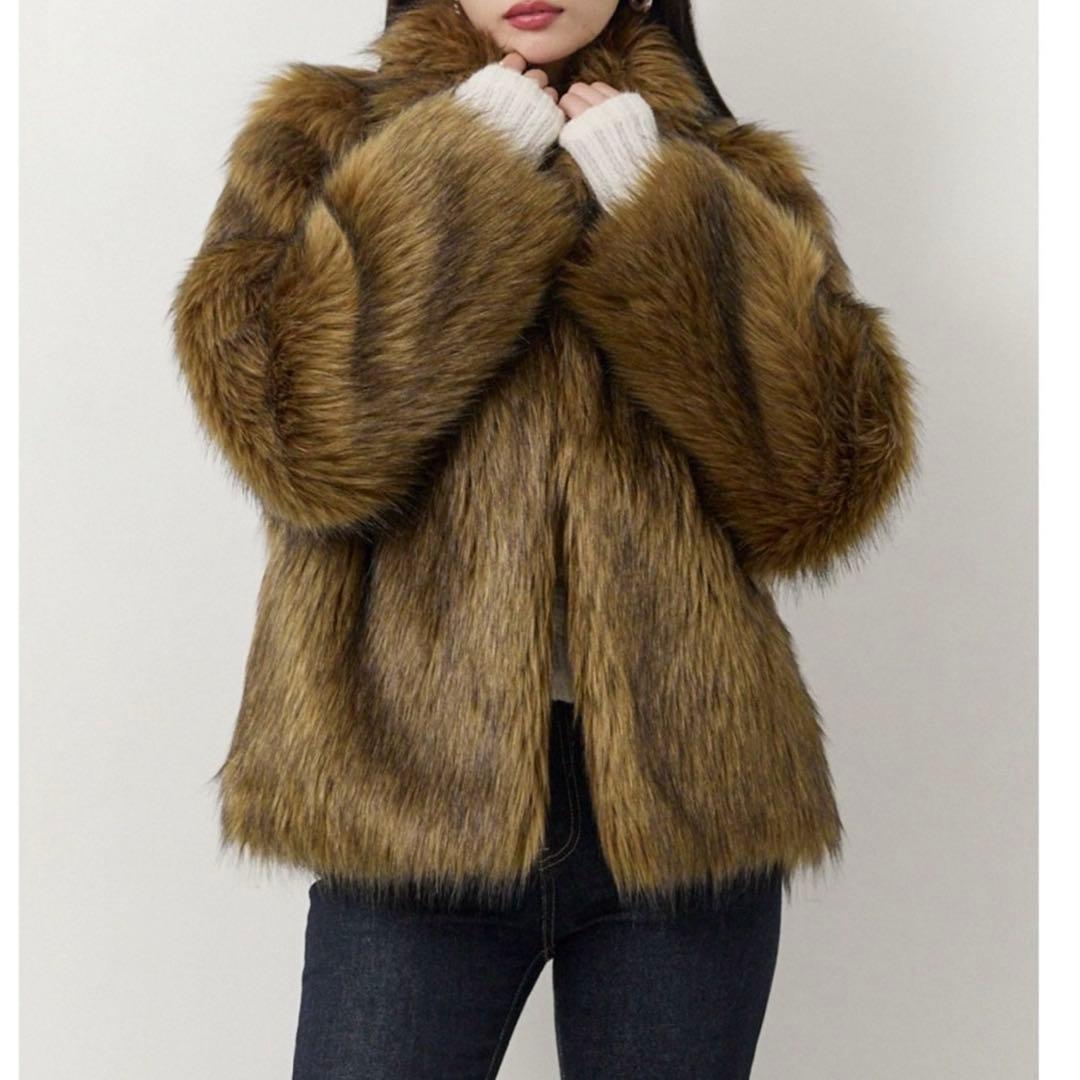 MURUA フェイクファーラインジャガードコート ブラウン