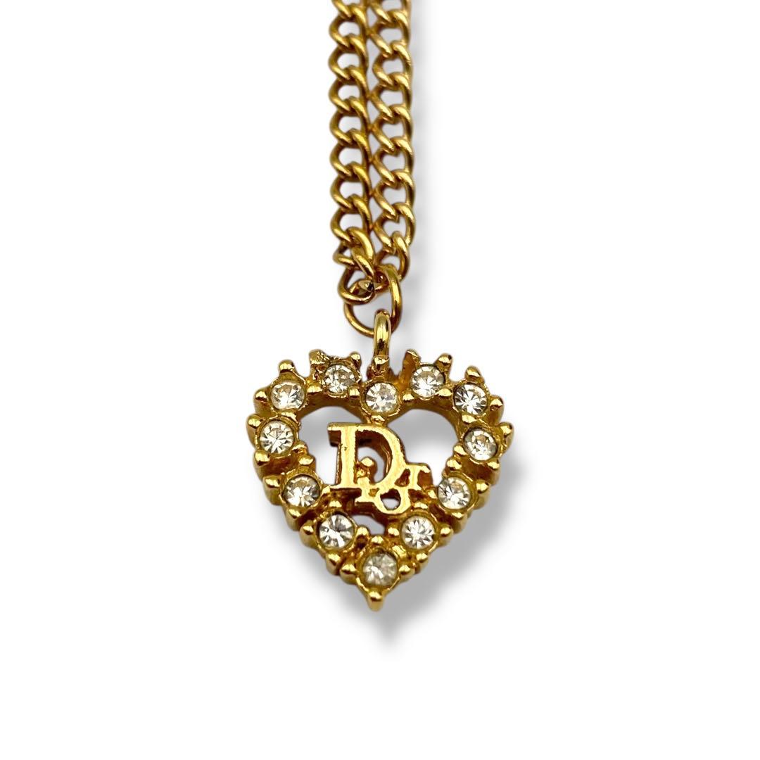 美品 Dior クリスチャンディオール ネックレス ハート ラインストーン ロゴ