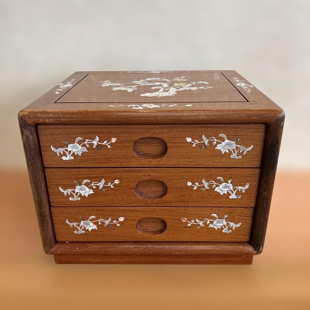 天然木 唐木 本花梨 総無垢 螺鈿 卓上チェスト 薬箪笥 3段収納
