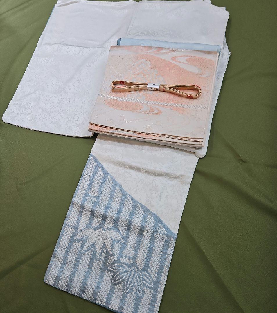 付け下げ訪問着フルセット 絞り　三越　袋帯　銀糸