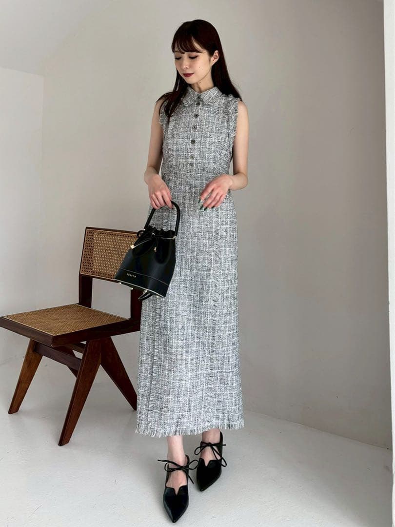 FRAY I.D フリンジデザインツイードポロワンピース ノースリーブ グレー