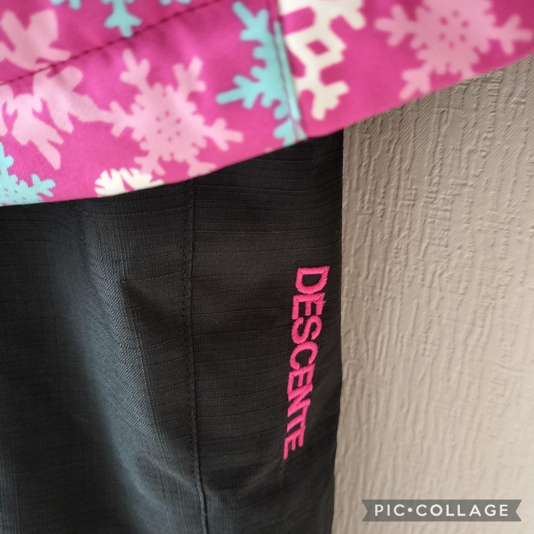 【美品】デサント スキーウェアガールズ 上下 140 ピンク×ブラック 結晶柄