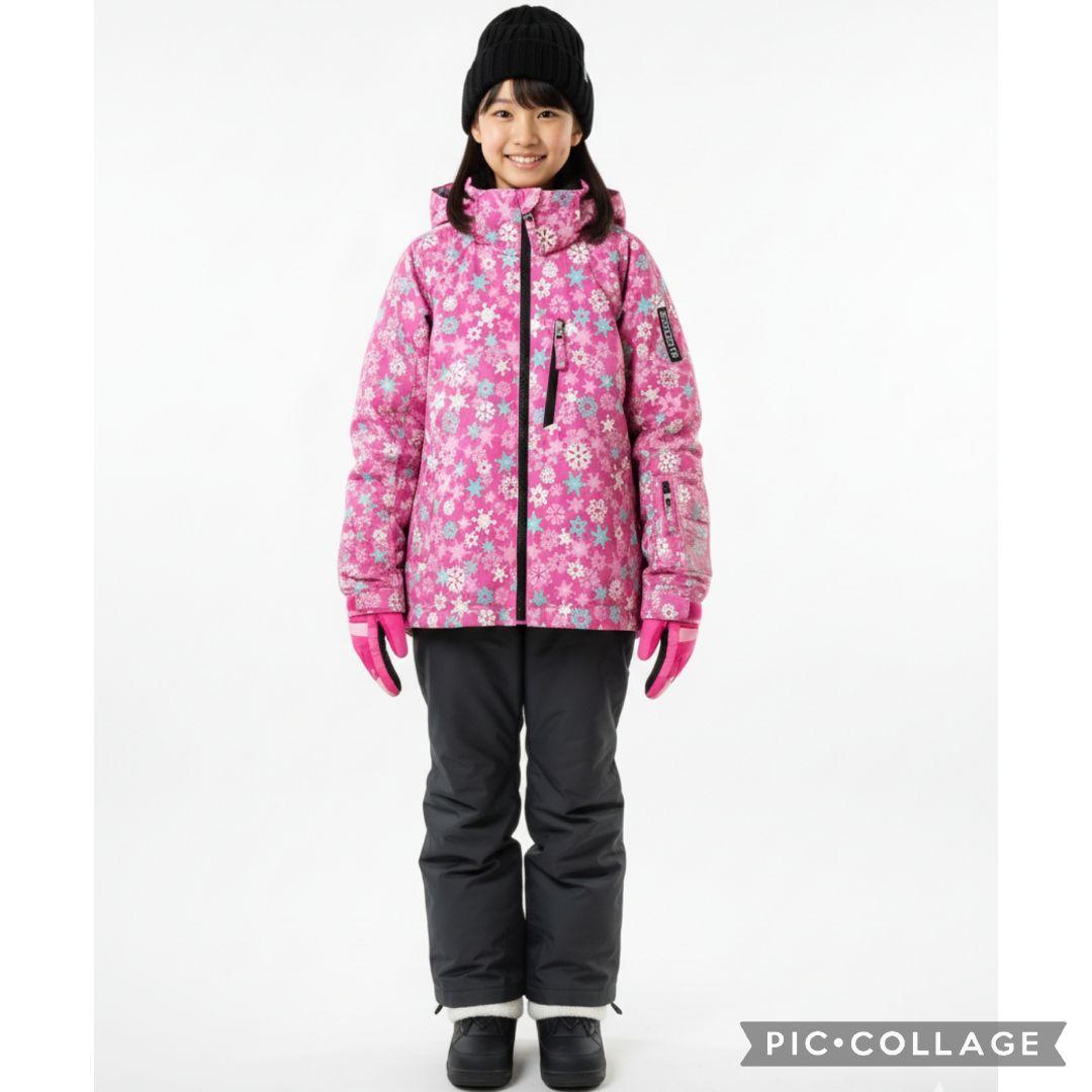 【美品】デサント スキーウェアガールズ 上下 140 ピンク×ブラック 結晶柄