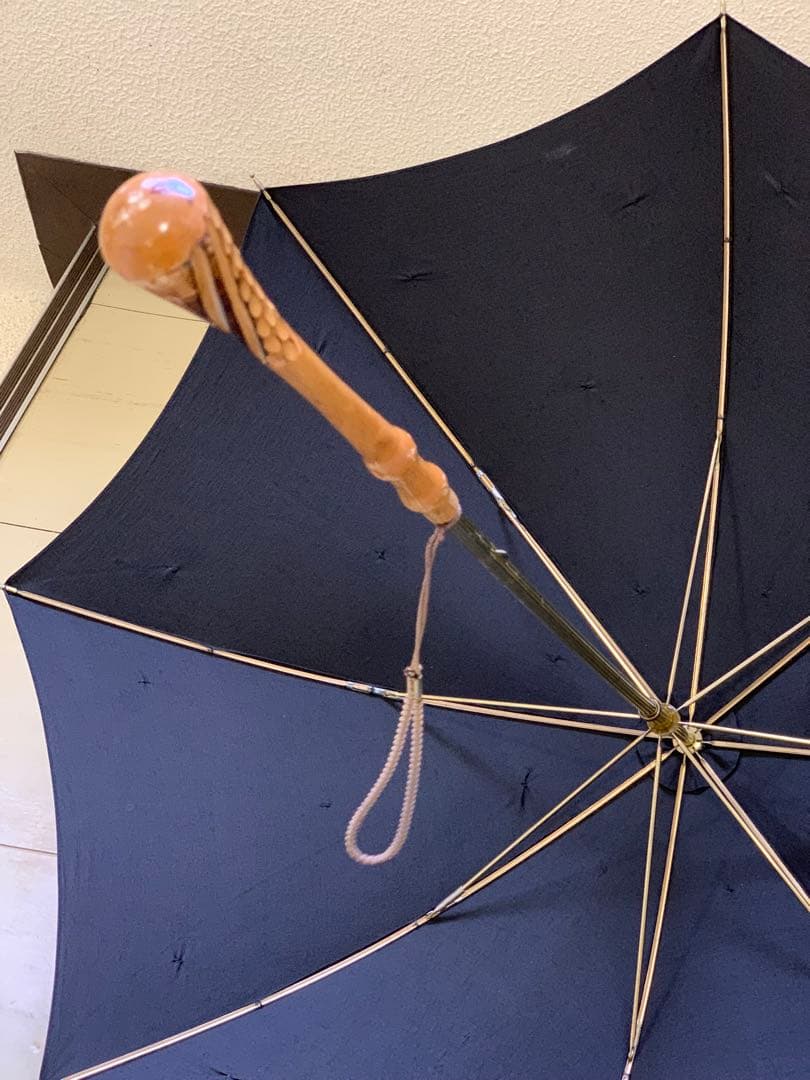 ギィドゥジャン雨晴日傘フランス製黒×白リボン付き晴雨兼用長傘生地張り替え済み