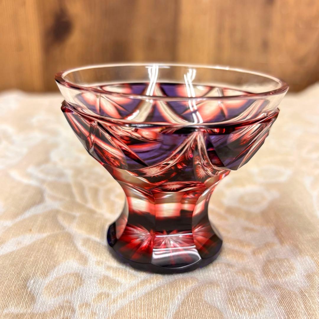 薩摩切子 二色衣 島津薩摩切子 二色被せガラス 切子 猪口脚付盃 瑠璃金赤