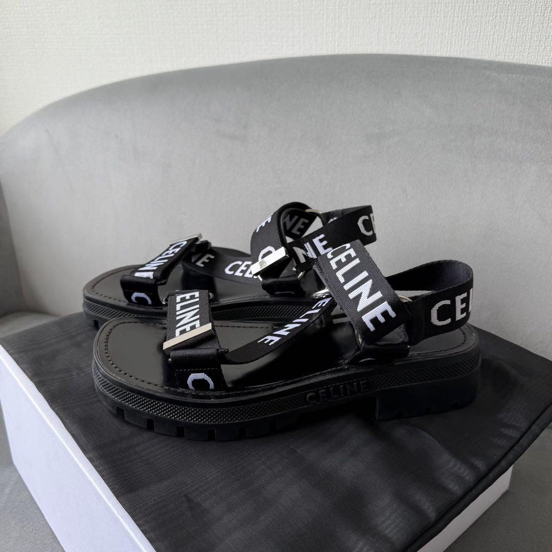 セリーヌ レオ ストラッピー サンダル レザー ファブリック ベルクロ 38
