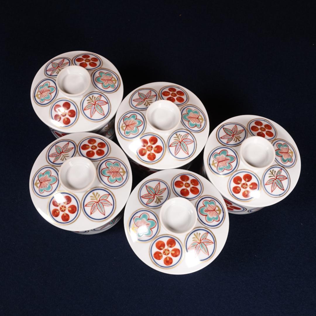 京焼 名工 宮永東山 赤絵松竹梅文 蓋茶碗 5客 共箱