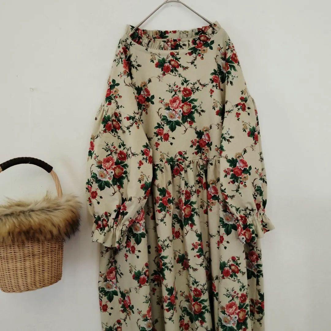 handmade綿麻ワンピースfreeYUWA花柄 長袖