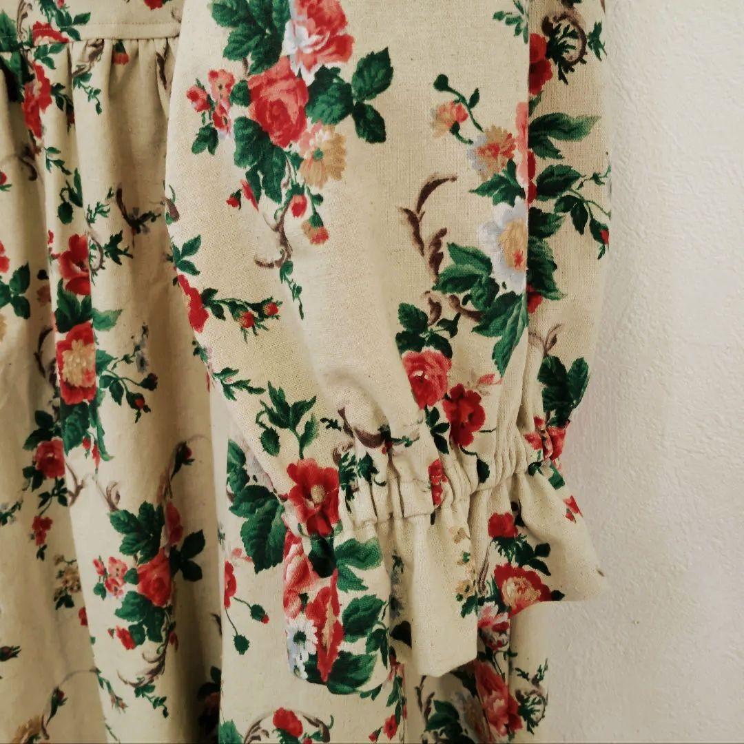 handmade綿麻ワンピースfreeYUWA花柄 長袖