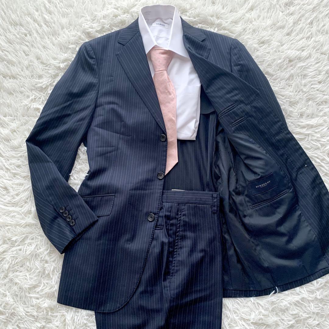 【極美品】バーバリーロンドン 高級 シルク混 ストライプ スーツ L ネイビー