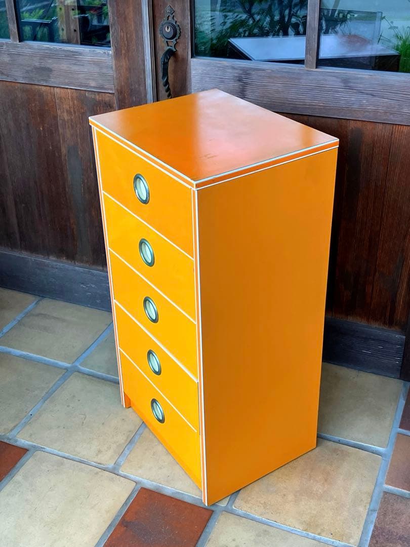 昭和レトロ オレンジ色 引き出し収納 チェスト 箪笥5段 レトロポップ 当時物