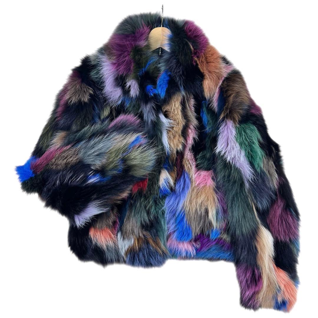 マルチカラー 染め フォックス ファーコート リアルファー 本毛皮 着丈 56