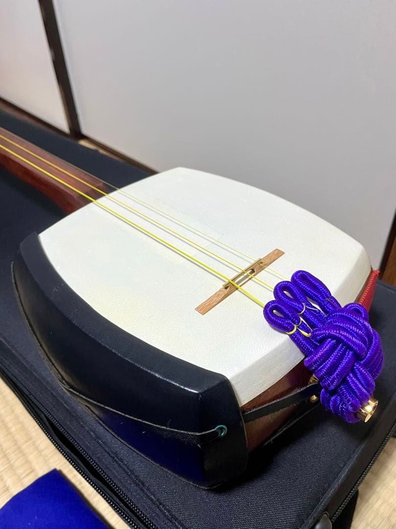 津軽三味線 段違い二本溝 トチ有 本鼈甲撥 軽量ハードケース付き 皮破れ無し