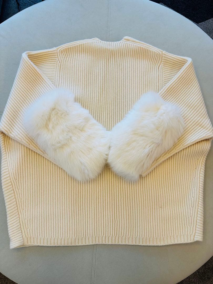 美品☆Drawerドゥロワーアイボリー ニットカーディガン ファー付き