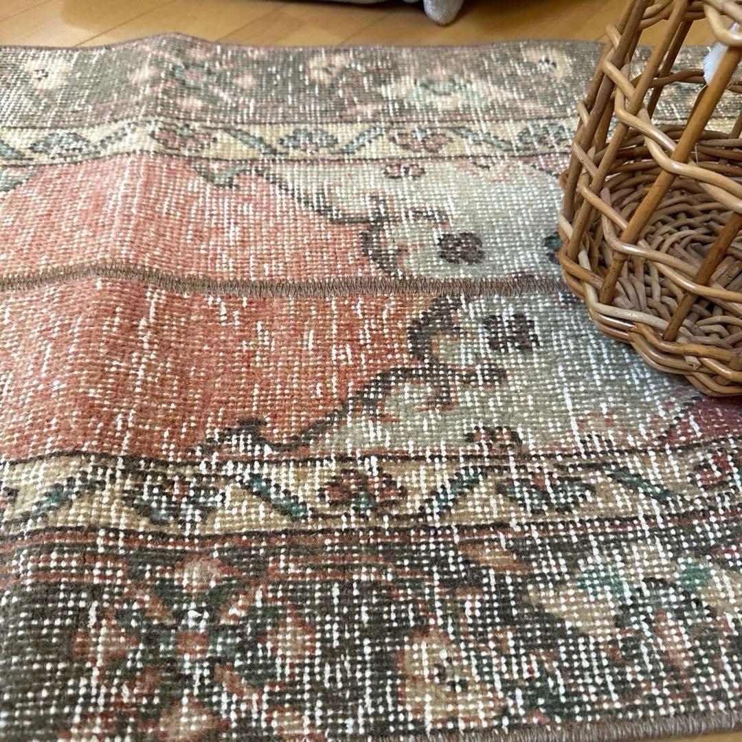 50×119パッチワーク　淡いサーモン×グレージュ　トルコヴィンテージラグ