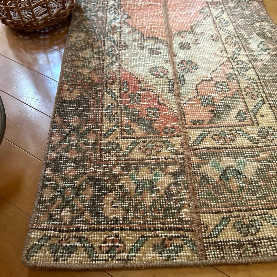 50×119パッチワーク　淡いサーモン×グレージュ　トルコヴィンテージラグ