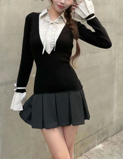 Darich ダーリッチ シャツドッキングプリーツミニワンピース ブラック