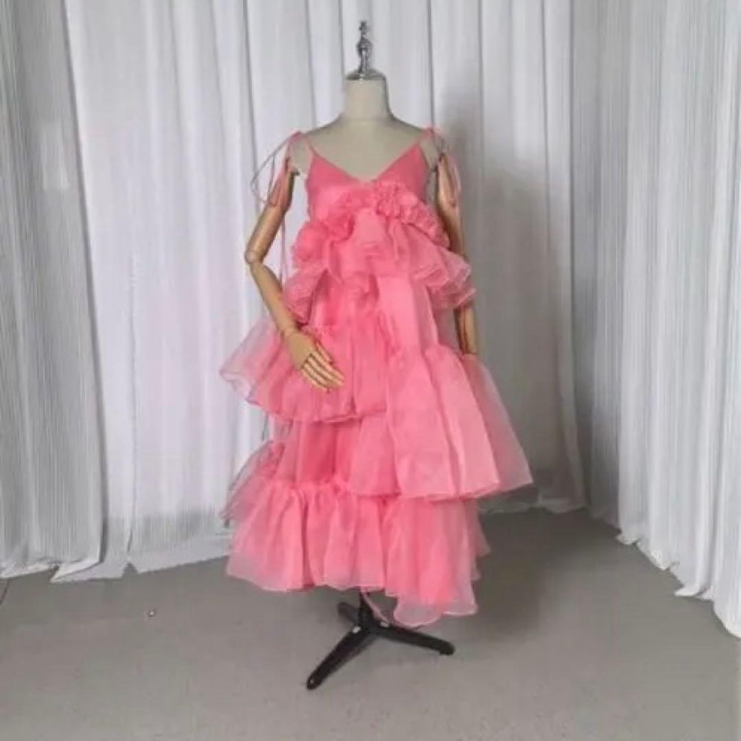 ピンク ティアードドレス チュール
