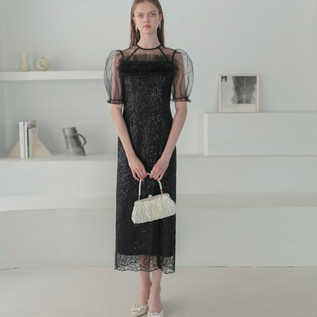 チュールフラワースパンコールIラインワンピースドレス結婚式二次会パーティー成人式