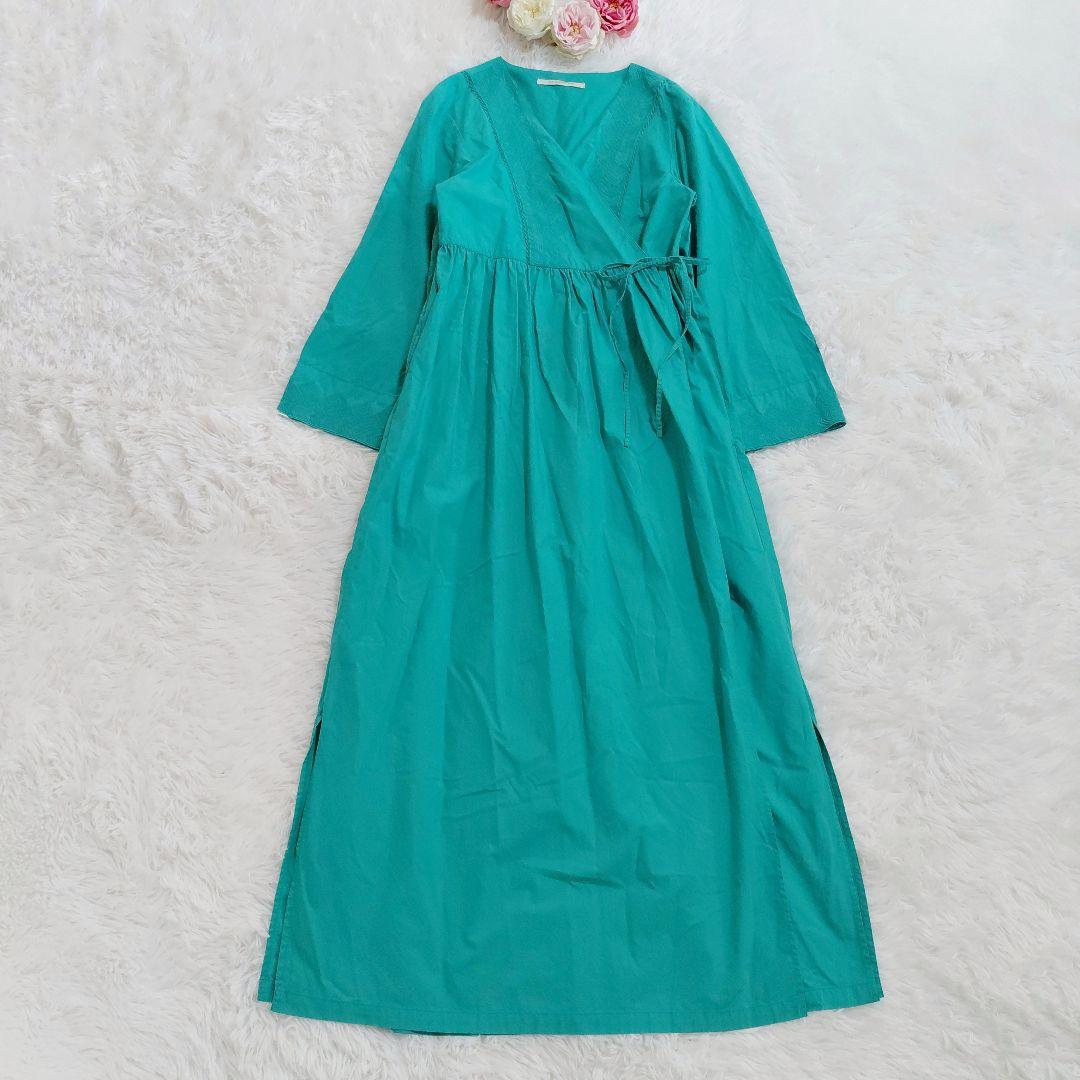 美品✨ヌキテパ　ワンピース　カシュクール 刺繍　ロング丈　ターコイズ