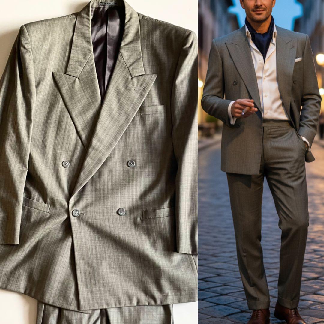 し*ー様 ジャンニヴェルサーチ ヘリンボーンST ダブルスーツ 48 美品 ヴィ