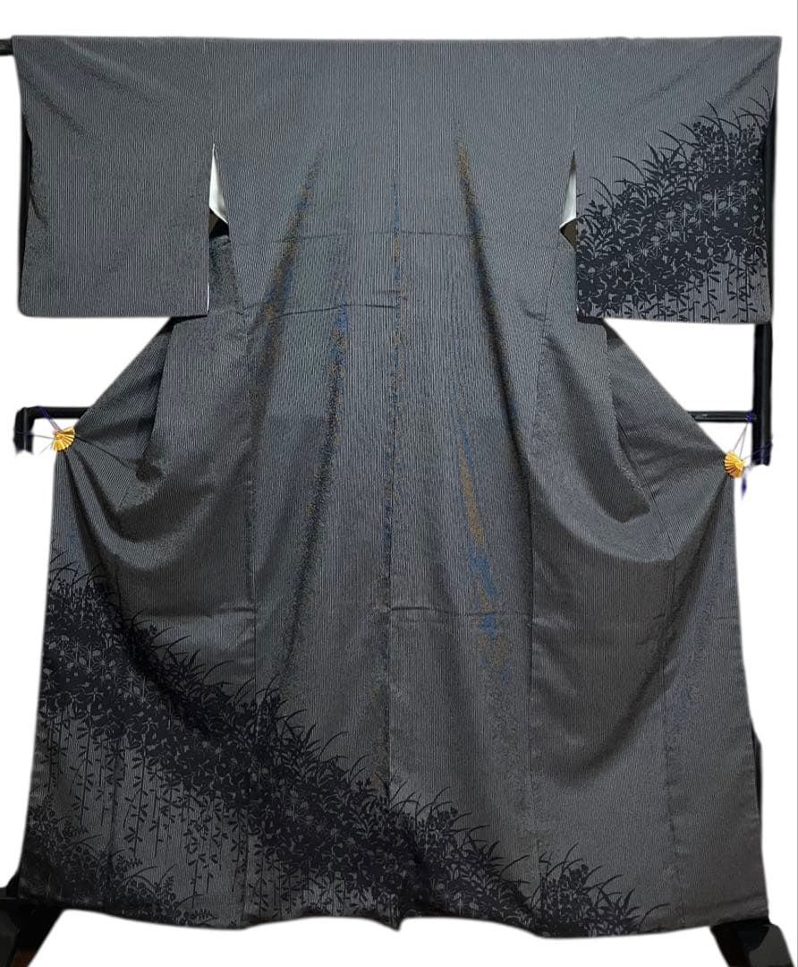 本塩沢 付下げ 訪問着 正絹 縦縞 草花 萩 イ6254