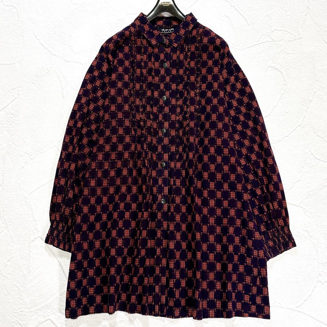 ✨美品✨ギエモン　久留米絣　チュニック　ブラウス　フリル　ピンタック　前開き