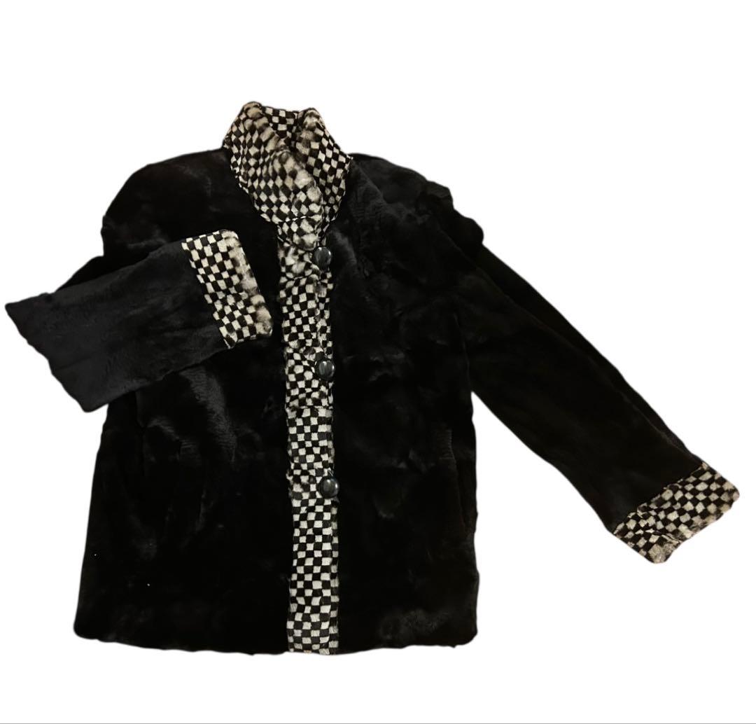 ホワイトベアー　シェアードミンク　　市松模様　ブラック　フリー