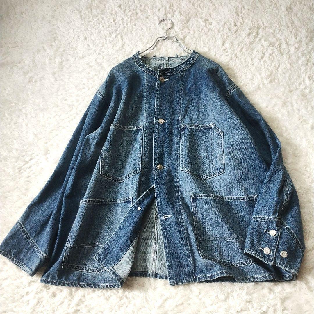 【極美品】カフネ　デニム　カバーオール　ノーカラー　ジャケット　洗える　ブルー