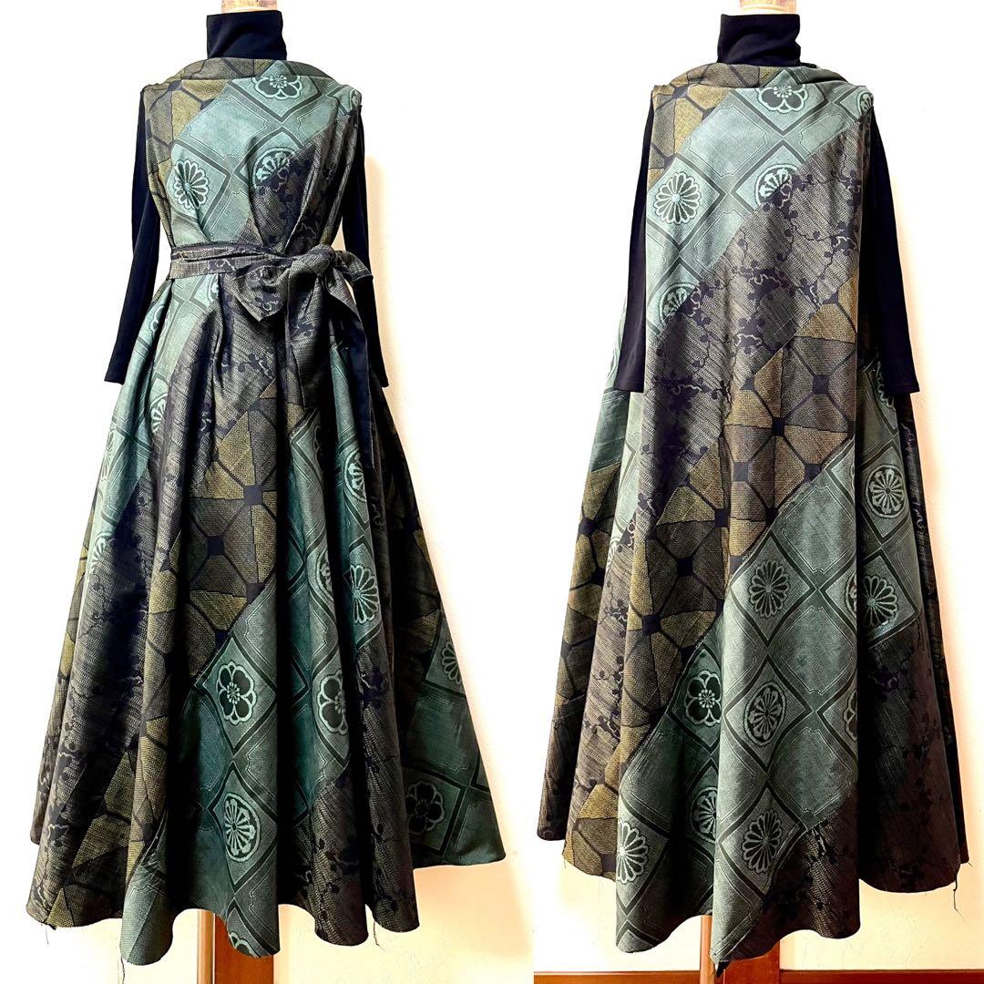 大島紬のパッチワークワンピース　着物リメイク