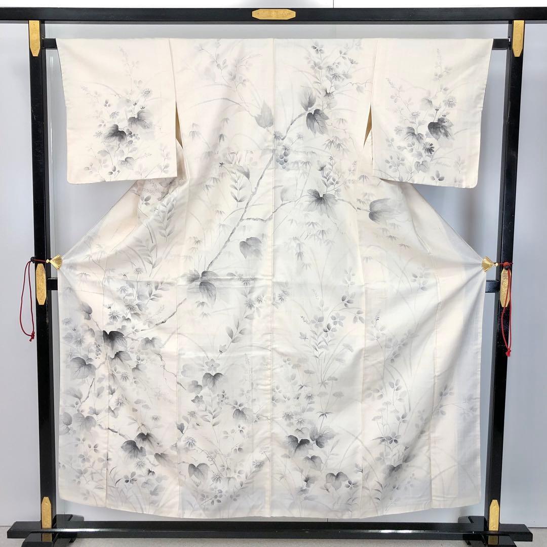 訪問着 紬 花草模様 葡萄 炭描き 乳白色 KK-2202