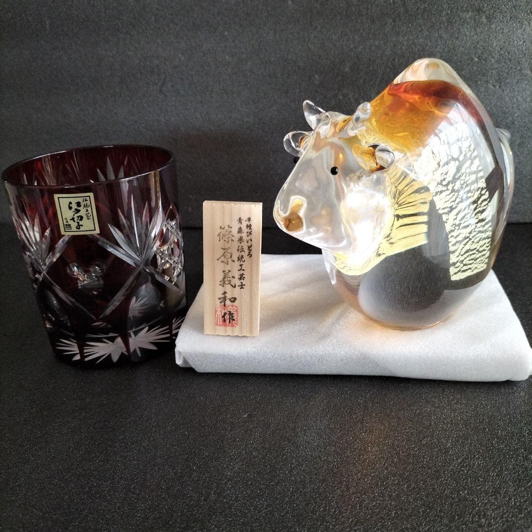 青森伝統工芸品　津軽びいどろ置物と 江戸切子グラス　お値下げ
