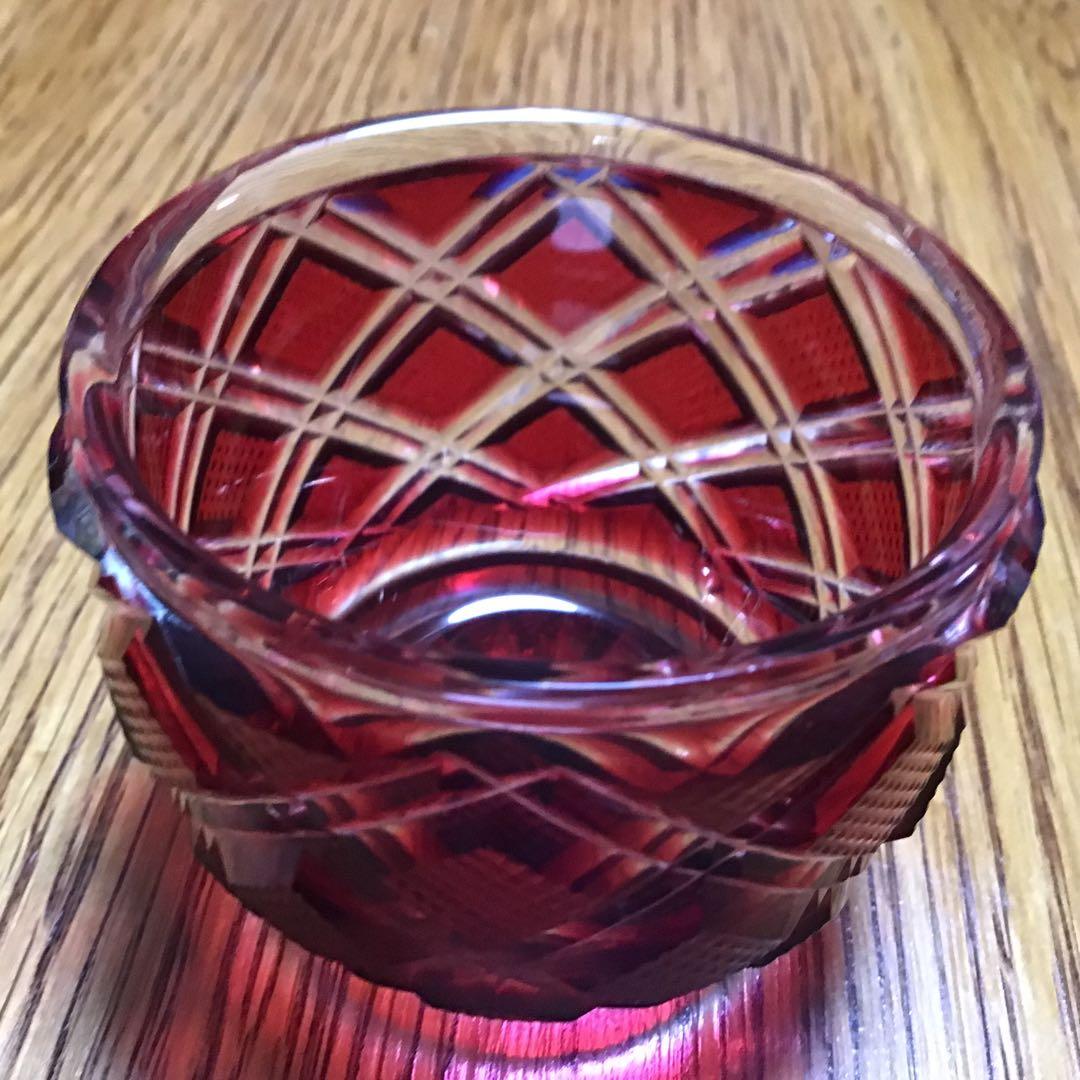 薩摩切子　猪口　青と銅赤　2個セット　薩摩ガラス工芸の刻印あり