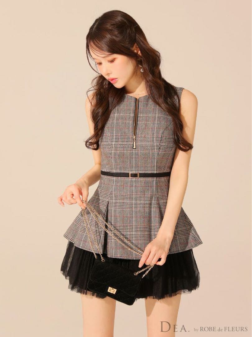DE3477 グレー・ブラウンチェックドレス